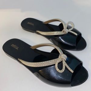 Women's Melissa Flip Flops w/Bow Jelly Sandals Black Size‎ 7.